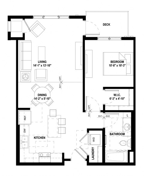 Floor plan for 1 bed, 1 bath, 797 sqft